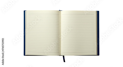 Open blue notebook with blank lined pages isolated on transparent background