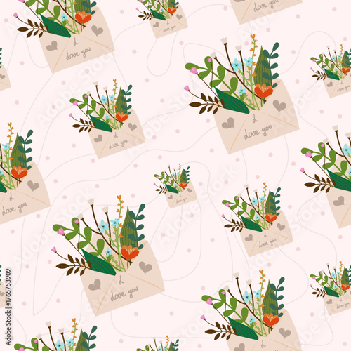 Seamless light pastel floral envelope pattern – botanical love letters and greenery design background