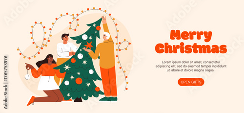 Diverse Group Decorating a Festive Holiday Tree