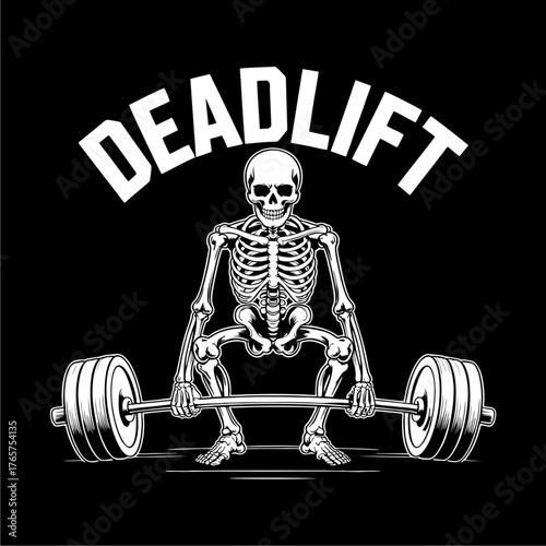 A skeletal figure performing a deadlift with a barbell, showcasing strength and exercise.