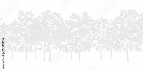 Subtle light grey silhouette of deciduous trees forming a seamless forest pattern against a white background
