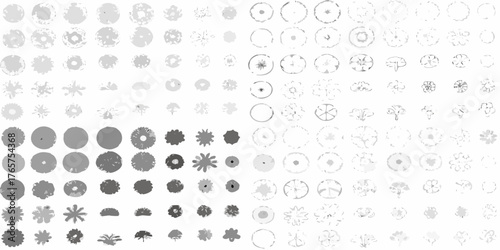 Collection of diverse top down tree and plant symbols in grayscale for architectural and landscape design projects