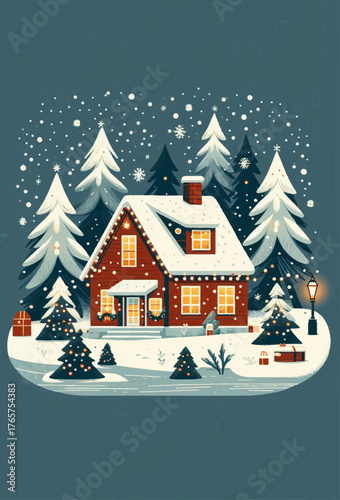 Illustration for the New Year and Christmas holidays with a decorated house against a background of trees and snow