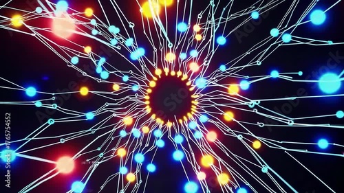 Abstract Glowing Spiral Neural Network in Blue Orange Hues