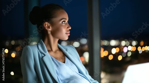 Pregnant African American businesswoman in blazer, sitting at desk near large office window