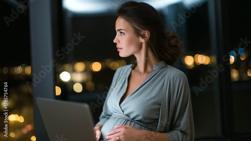 Pregnant executive in smart casual outfit, working late with laptop near office window, neon city lights behind her, professional corporate mood.pregnant woman 