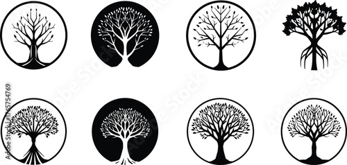 Stylized tree icons, nature silhouette set, seasonal forest symbols, black and white contrast, circular frame, minimal design, vector illustration