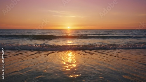 Peaceful ocean horizon glowing with warm golden sunset, gentle waves reflecting orange and pink hues, clear sky, tranquil seascape, photorealistic detail, perfect for travel or relaxation themes.