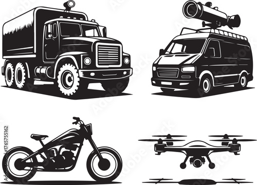 Black silhouette icons of a truck motorcycle van and drone vehicle