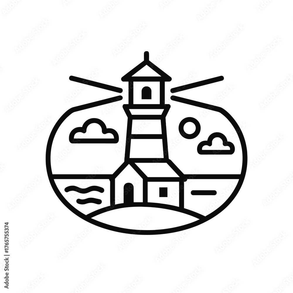 Obraz premium Monoline lighthouse beacon tower guiding ships across the ocean waves on the coast