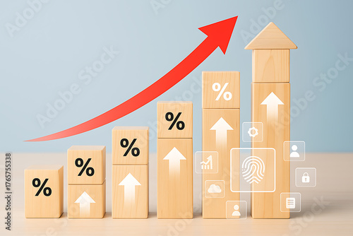 Wooden blocks with percentage signs and red arrow showing growth chart representing financial interest business progress and investment