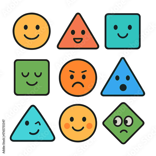 Colorful geometric shapes displaying a variety of emotional facial expressions and moods