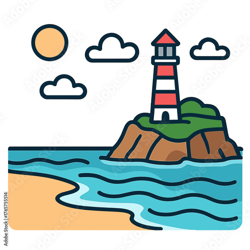 Classic striped lighthouse on a rocky island surrounded by ocean waves and sandy beach under a sunny sky