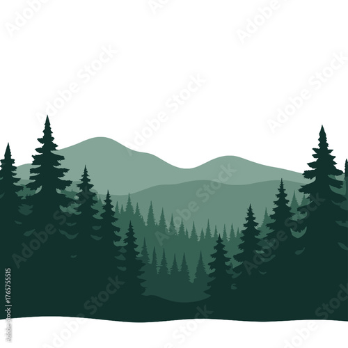 Layered landscape silhouette of dense evergreen forest and rolling mountains