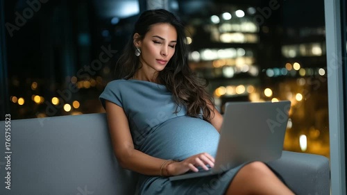 Pregnant executive woman with glasses, pointing at screen during video conference, large city skyline glowing outside office window. pregnant woman online 
