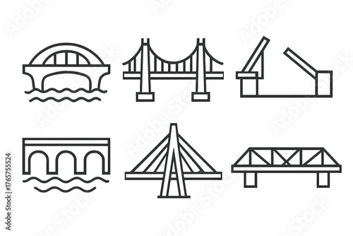 Various bridge structures including suspension, arch, truss, and drawbridge designs