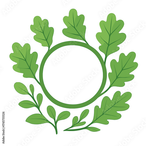 Circular frame border made of green oak leaves and stylized foliage branches