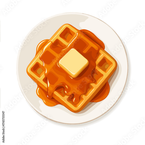 Golden Belgian waffle with melting butter and dripping maple syrup on a white plate