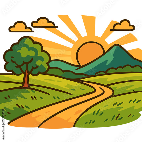 Scenic countryside landscape with winding path through rolling hills and bright sunburst