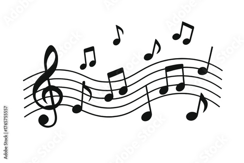 Dynamic black musical notes and treble clef floating on abstract wavy staff lines symbolizing rhythm and sound