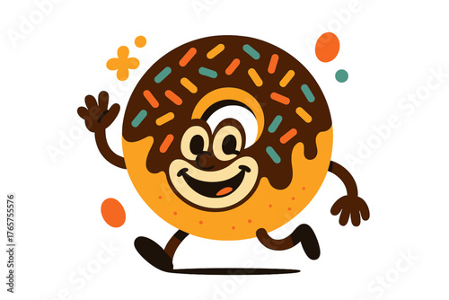 Happy running donut mascot character with chocolate glaze and colorful sprinkles