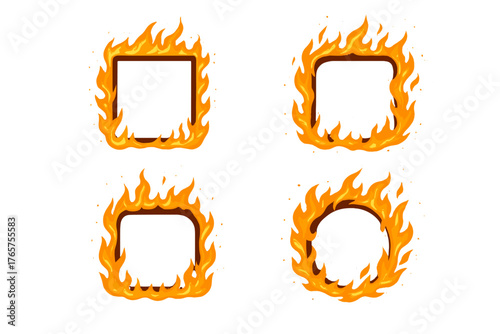 Four fiery frames set with orange and yellow flames surrounding empty shapes