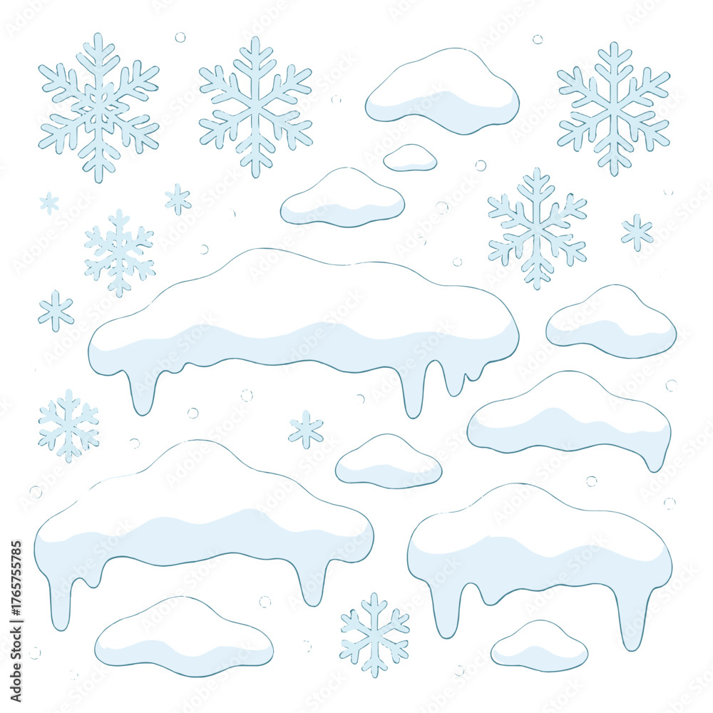 Fototapeta premium Stylized winter design elements set featuring snow caps, snowdrifts, and falling snowflakes