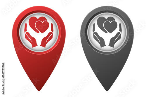 Active red and inactive gray map pointer or marker with hearts in hands icon