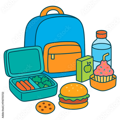 Blue backpack and packed school lunch featuring healthy vegetables, hamburger, and dessert