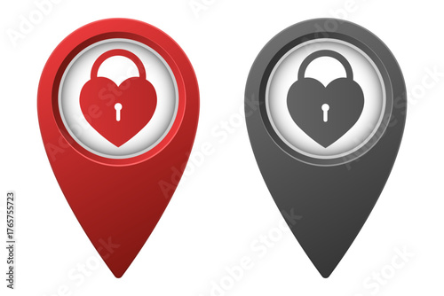 Active red and inactive gray map pointer or marker with locked heart icon