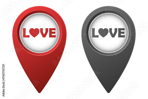 Active red and inactive gray map pointer or marker with love icon