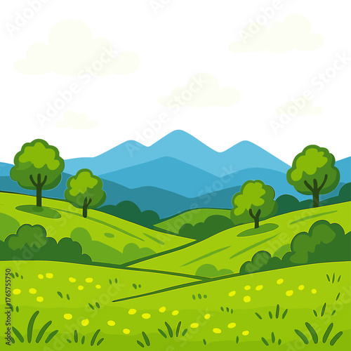 Lush green summer landscape with rolling hills trees and layered blue mountains