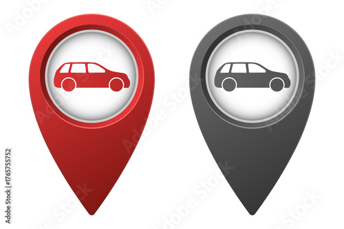 Active red and inactive gray map pointer or marker with minivan car icon