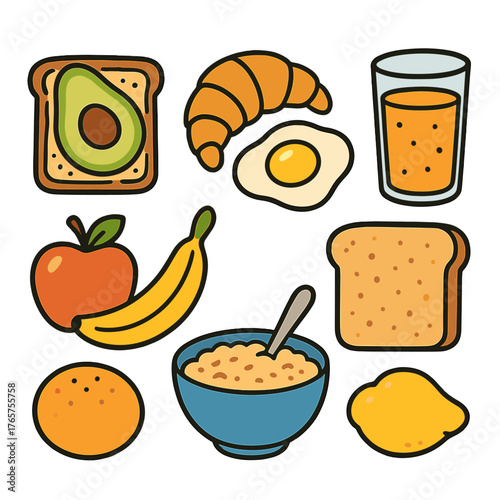 Set of popular morning breakfast foods including avocado toast, croissant, fried egg, and oatmeal