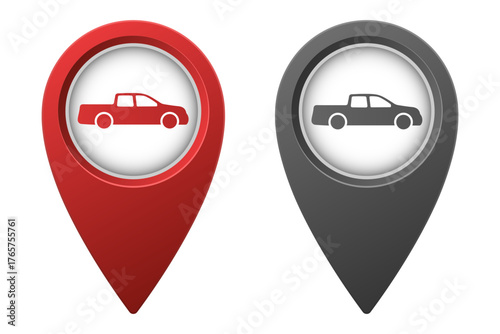 Active red and inactive gray map pointer or marker with pickup car icon