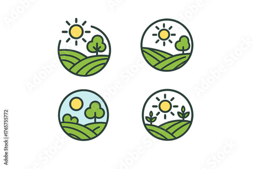 Colorful set of four farming and agriculture symbols depicting fields, trees, and growing sprouts