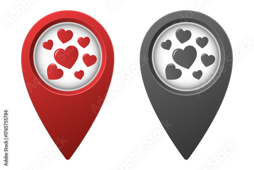 Active red and inactive gray map pointer or marker with simple hearts icon