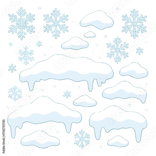 Stylized winter design elements set featuring snow caps, snowdrifts, and falling snowflakes