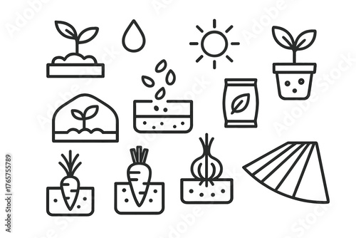 Minimalist outline icons set for gardening, planting, growing, and harvesting agricultural crops