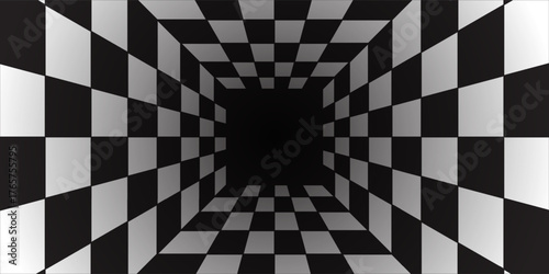 Chess perspective room background. Black and white chess board perspective room texture. Chess board pattern surface. Fading and disappearing chess board background. Abstract vector illustration.Print