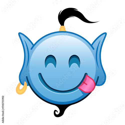 Blue genie cartoon emoji with face savoring a delicacy