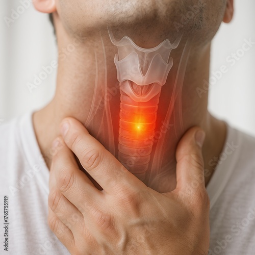 close-up hand holding the front of the neck or throat, with a transparent overlay showing the internal throat anatomy such as the trachea and vocal cords. 