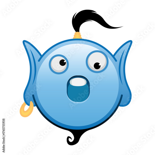 Blue genie cartoon emoji with grinning face open mouth and big eyes