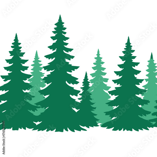 Seamless horizontal border of layered green pine tree silhouettes on white background