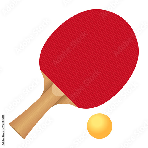 Red ping pong paddle or table tennis racket with orange ball