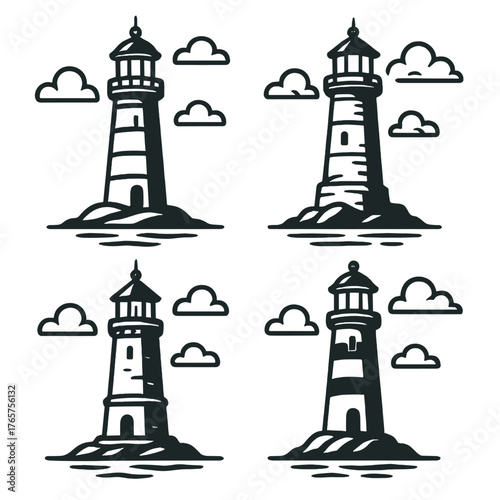 Collection of four monochrome lighthouses standing on rocky ground under stylized clouds