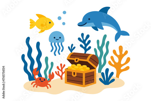 Cute marine animals swimming near a sunken treasure chest on the ocean floor