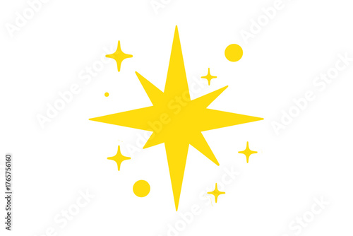Vibrant yellow starburst shape with surrounding sparkle elements and glowing effect isolated on white
