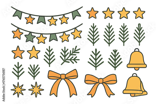 Festive holiday decoration set featuring stars garlands bows bells and evergreen branches