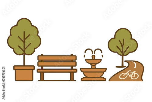 Stylized outdoor park elements including a bench, water fountain, potted plant, and bicycle path